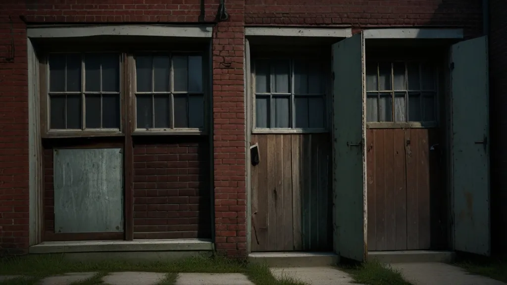 a brick building with two doors and windows