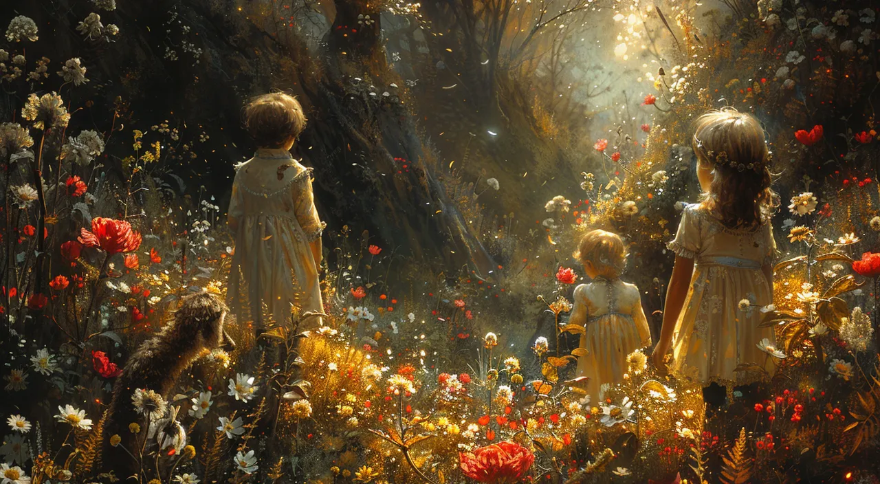 a painting of two little girls in a field of flowers