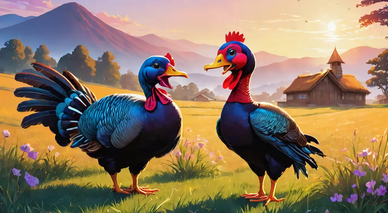 a painting of two turkeys standing in a field