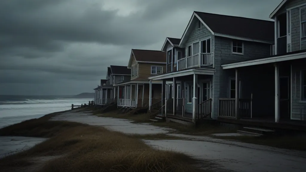 a row of houses sitting on top of a sandy beach