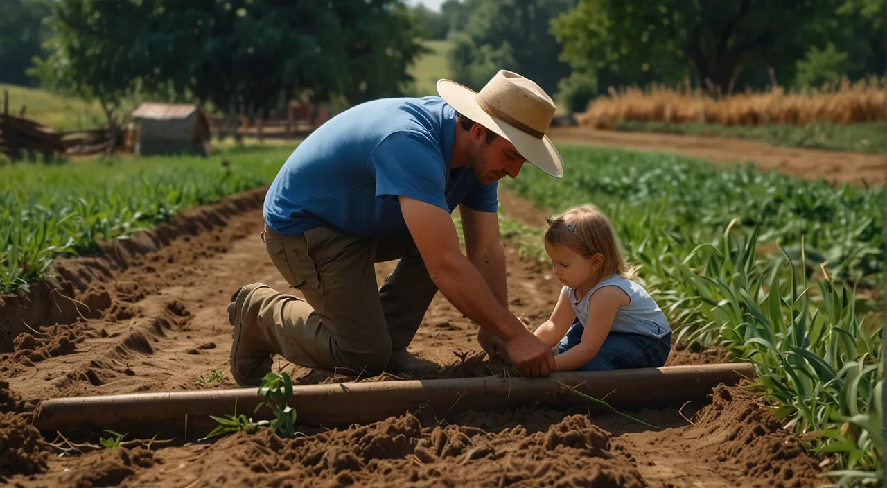 a man kneeling down next to a little girl in a field