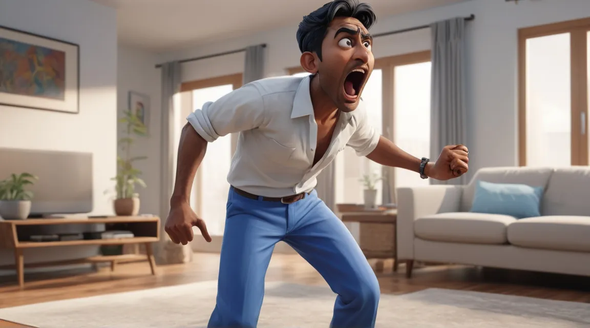 a man in a living room with a surprised look on his face