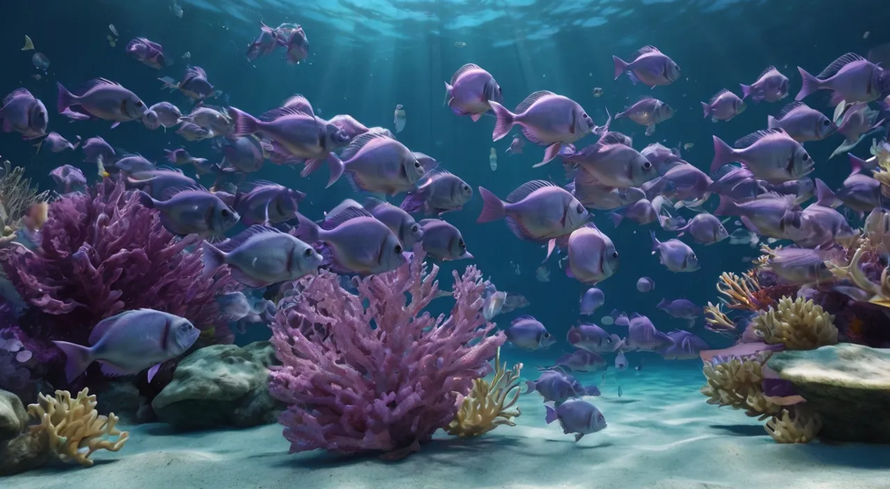 a large group of purple fish swimming over a coral reef