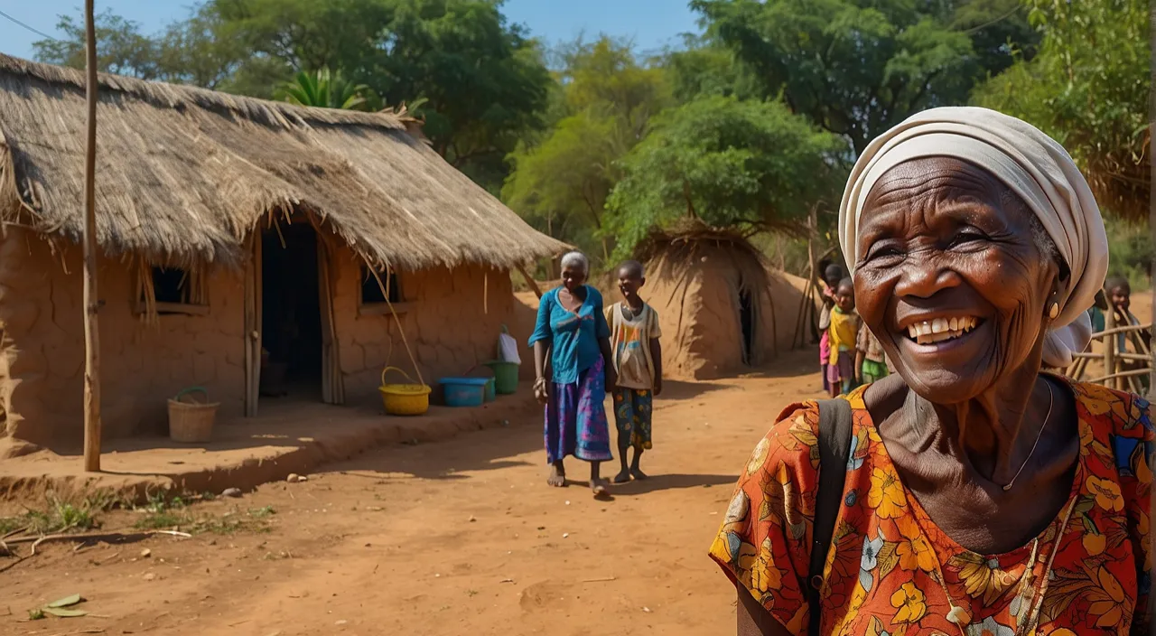 a woman standing in front of a mud hut