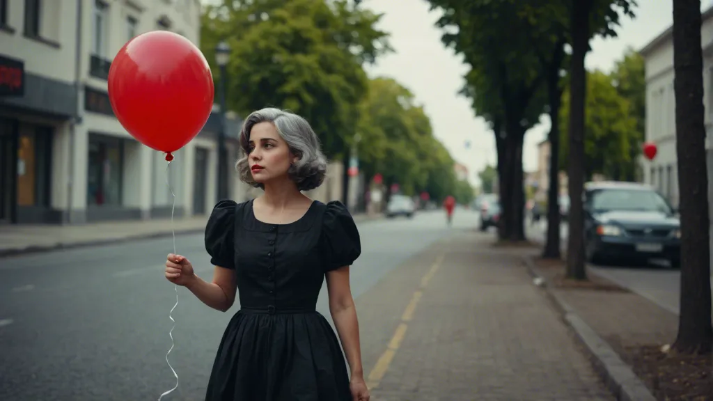 a woman in a black dress holding a red balloon