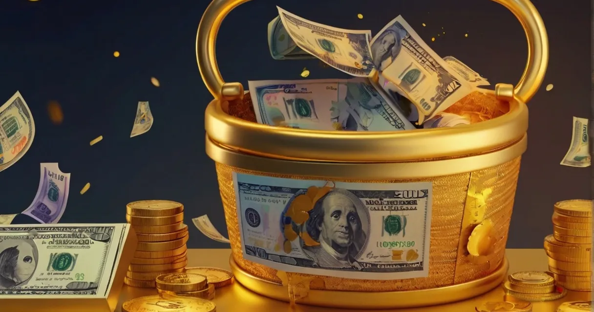 Create a Money with a golden background, 8k, size of 1920x1080, colorful
