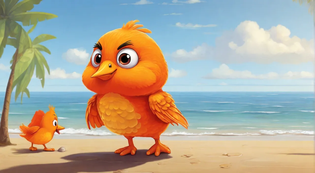 an orange bird with two smaller birds on a beach