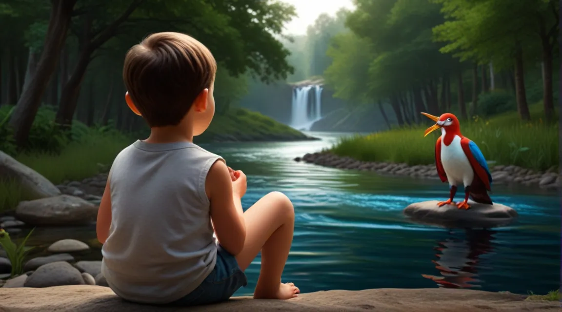 a little boy sitting on a rock looking at a penguin