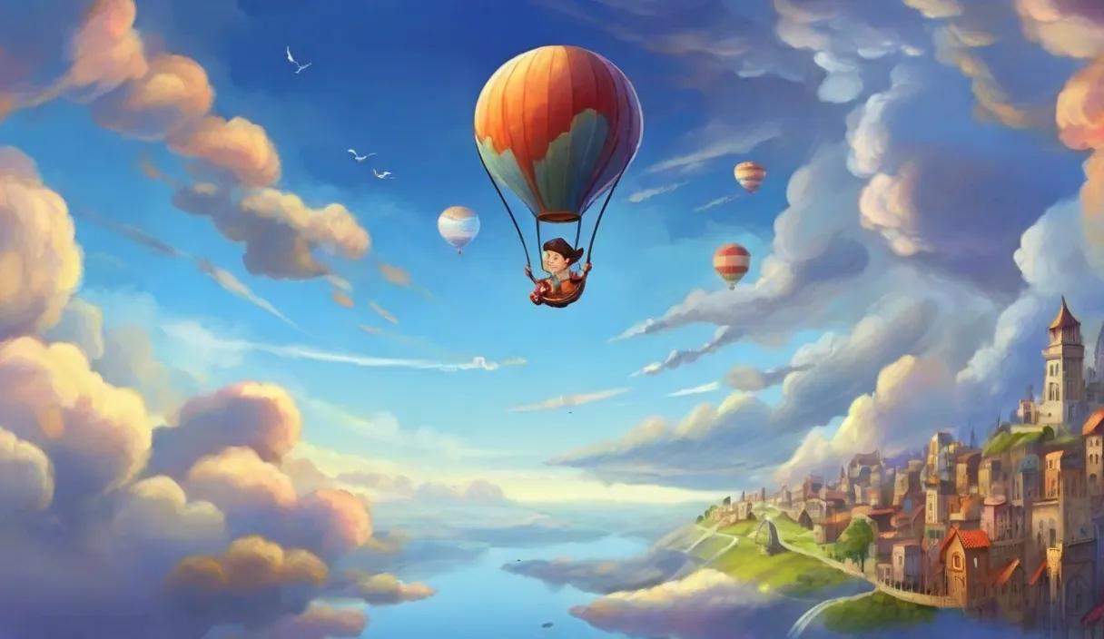 a painting of a man flying in a hot air balloon