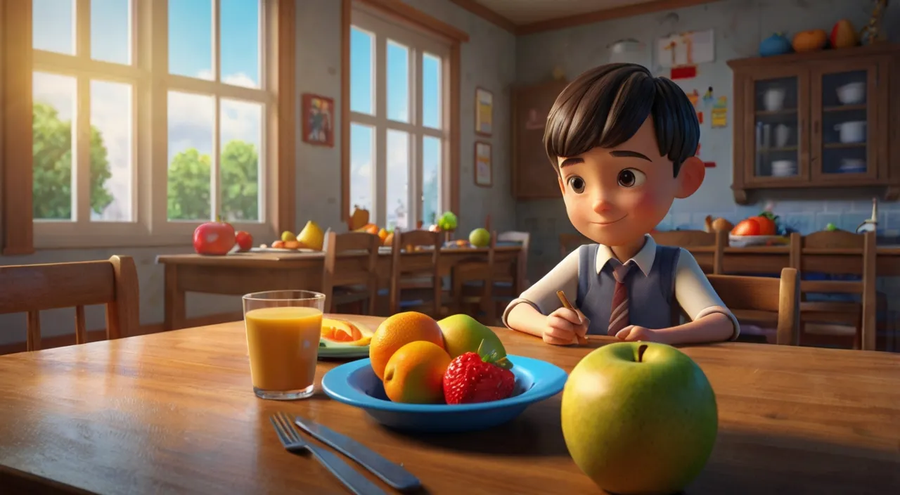 a boy sitting at a table with a plate of fruit