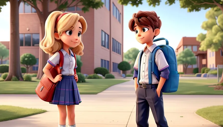 a boy and a girl standing in front of a building