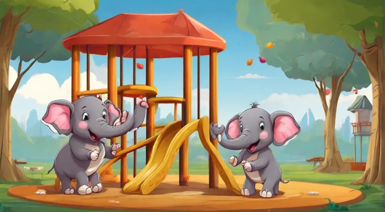 two elephants playing in a playground in a park. Cartoon 