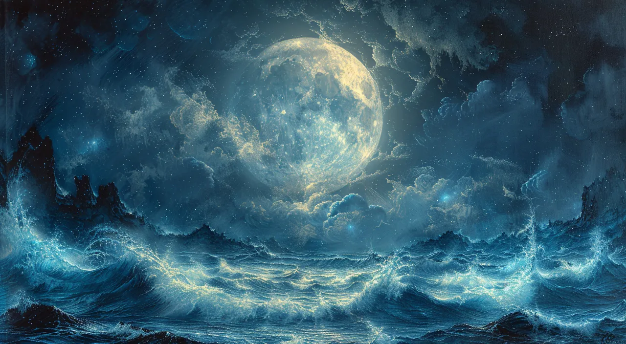 a painting of a full moon over a body of water