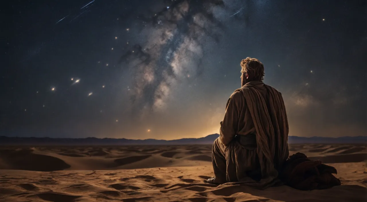 a man sitting on top of a sandy beach under a night sky