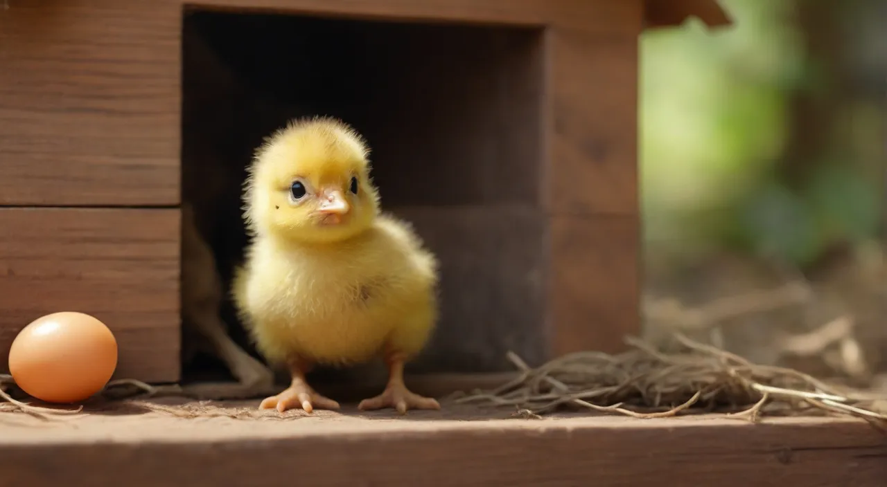 a small yellow chick standing next to a chicken coop