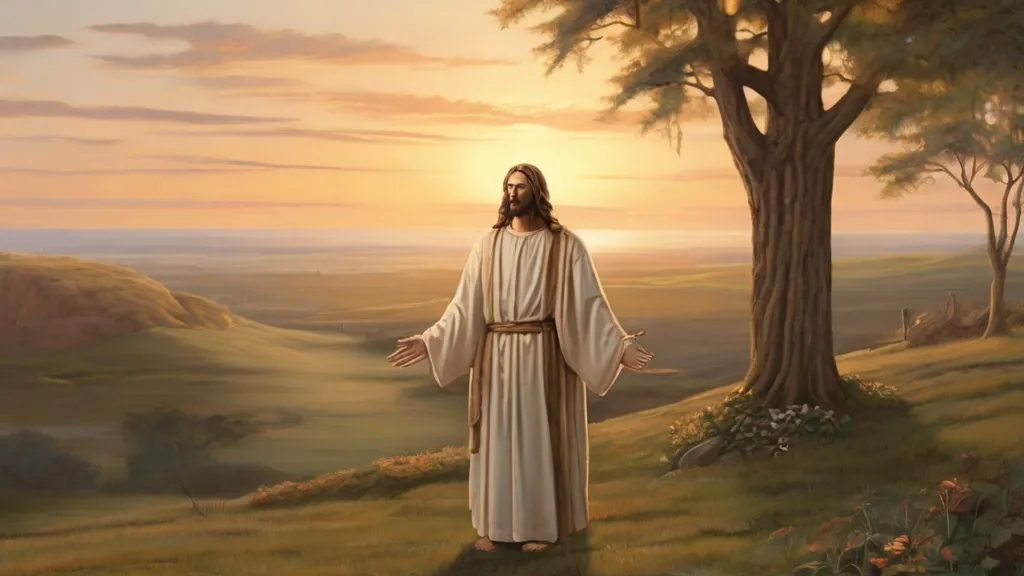 a painting of jesus standing in front of a tree