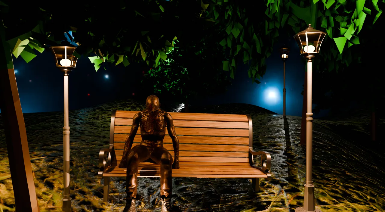 a person sitting on a bench at night