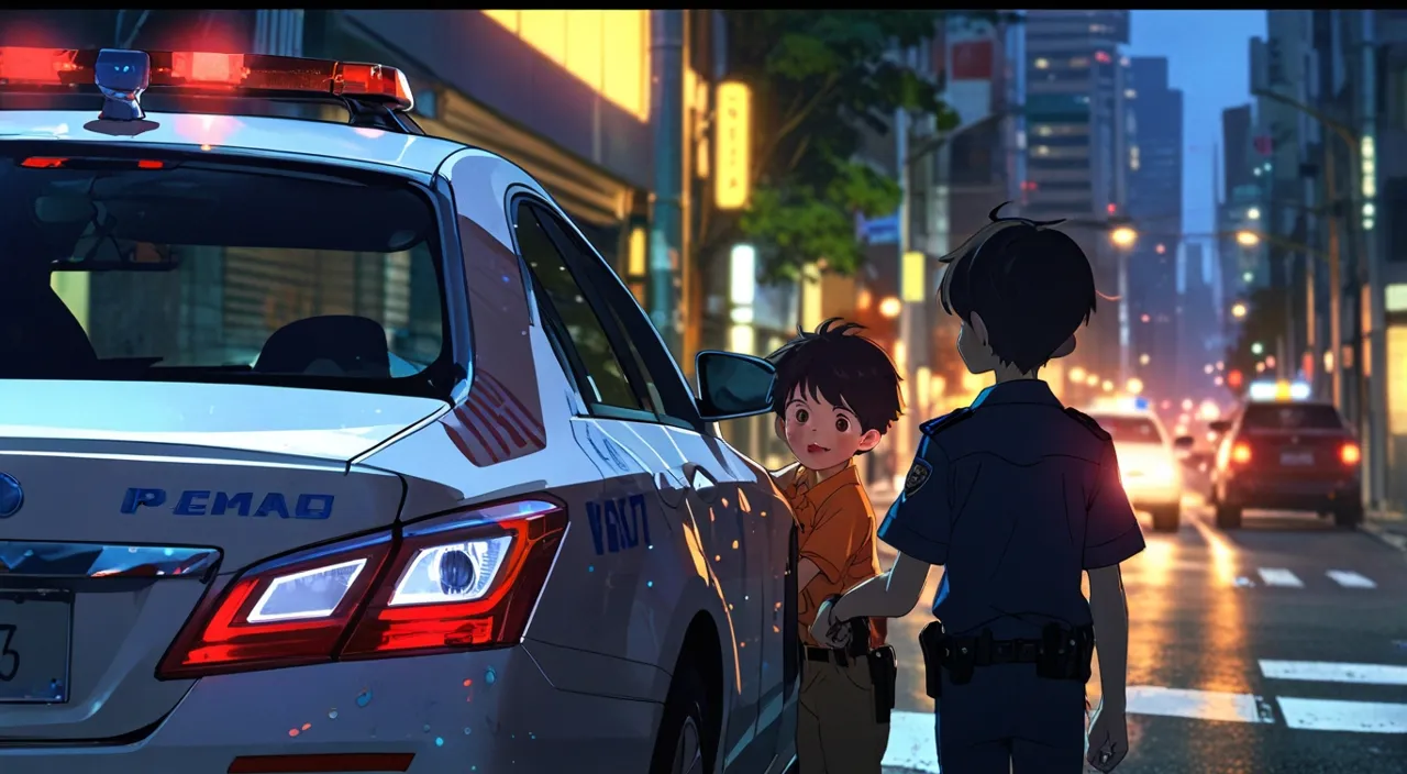 little boy and a police are standing next to a police car