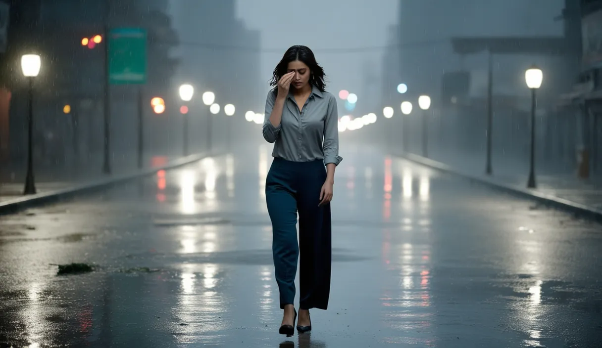 A lone Pakistani woman in a modern outfit of pants and a shirt walks down a deserted street, tears blurring the city lights in the rain-slicked 8K vista. The emptiness of the street echoes the absence of her boyfriend after their recent breakup.

