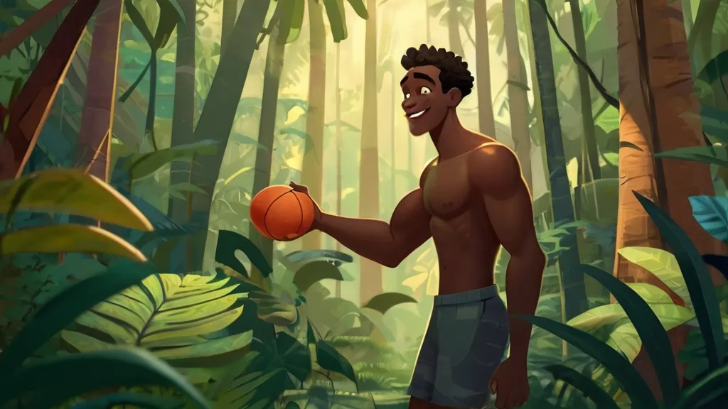 a man holding a stone in a jungle, very happy, 3d animation