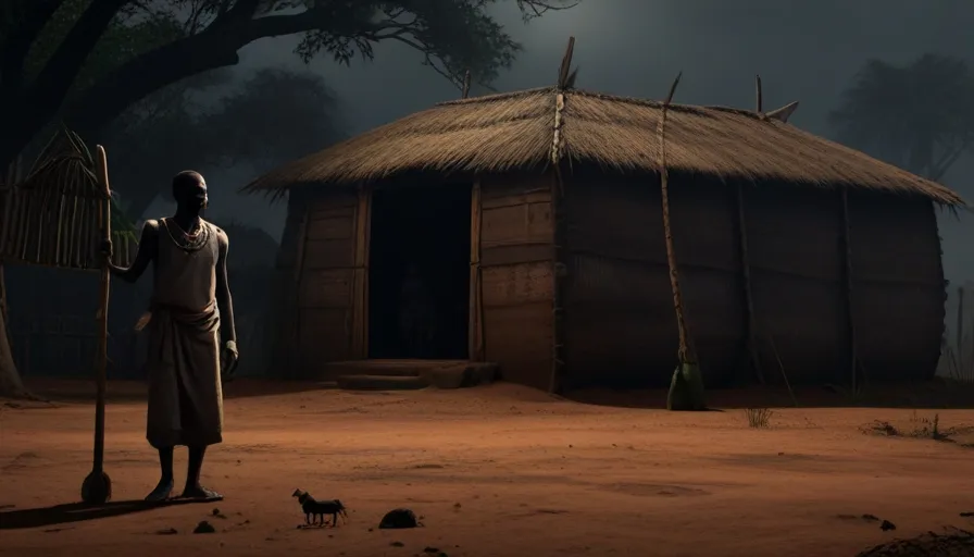 a man standing in front of a hut