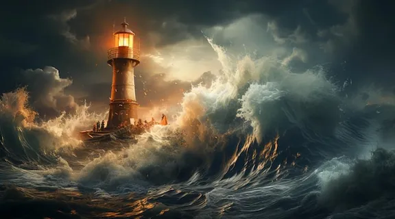 a painting of a lighthouse in the middle of a storm