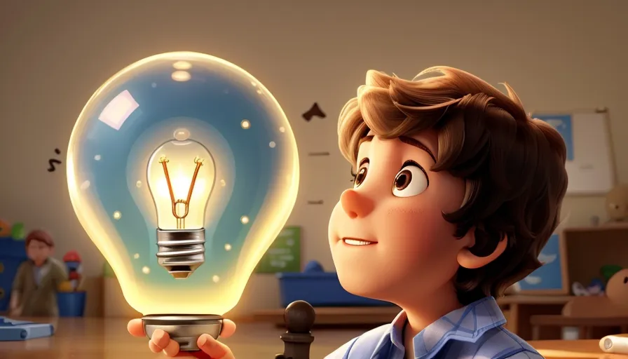 a boy holding a light bulb in his hand