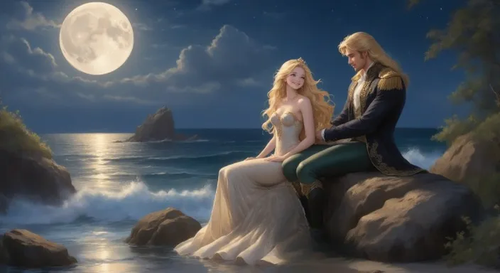 a painting of a man and a mermaid sitting on a rock