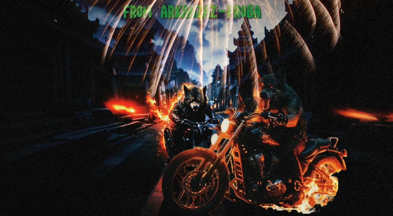 a poster of a motorcycle with fireworks in the background, From under the wheels of the motorcycle flame fire