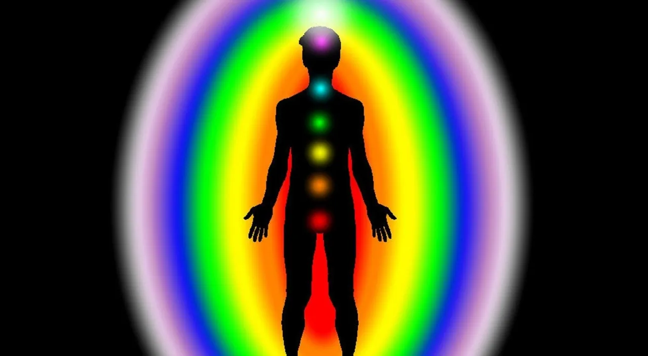 a person with their body in the center of a rainbow circle