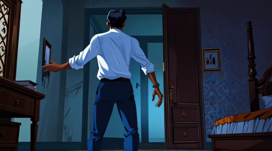 a man in a white shirt and blue pants standing in a bedroom