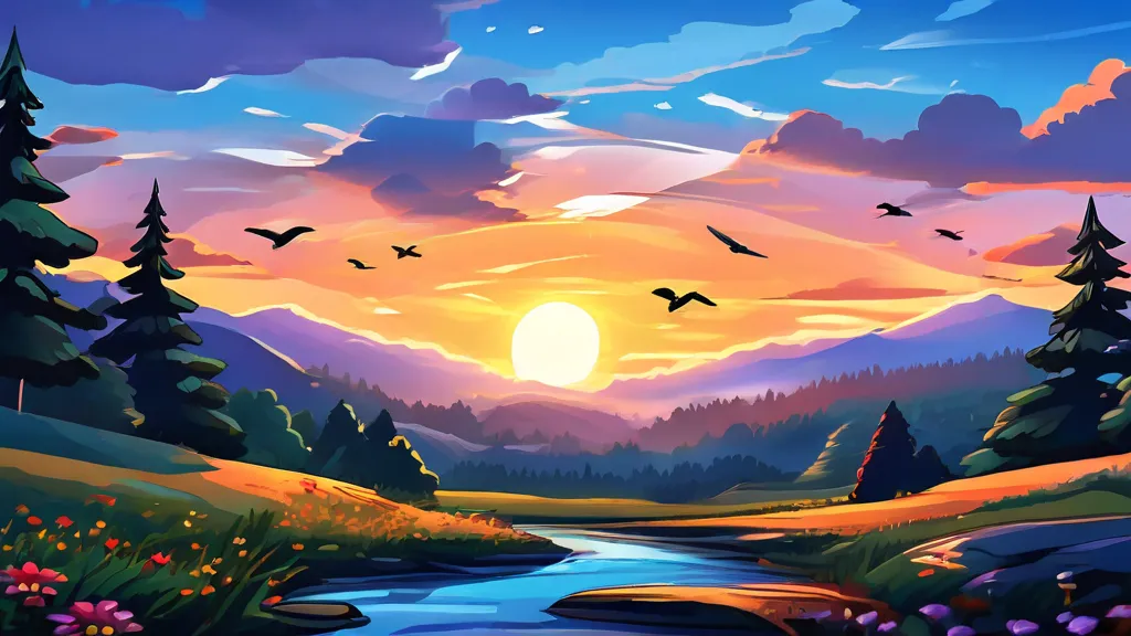 a painting of a beautiful sunset over a river