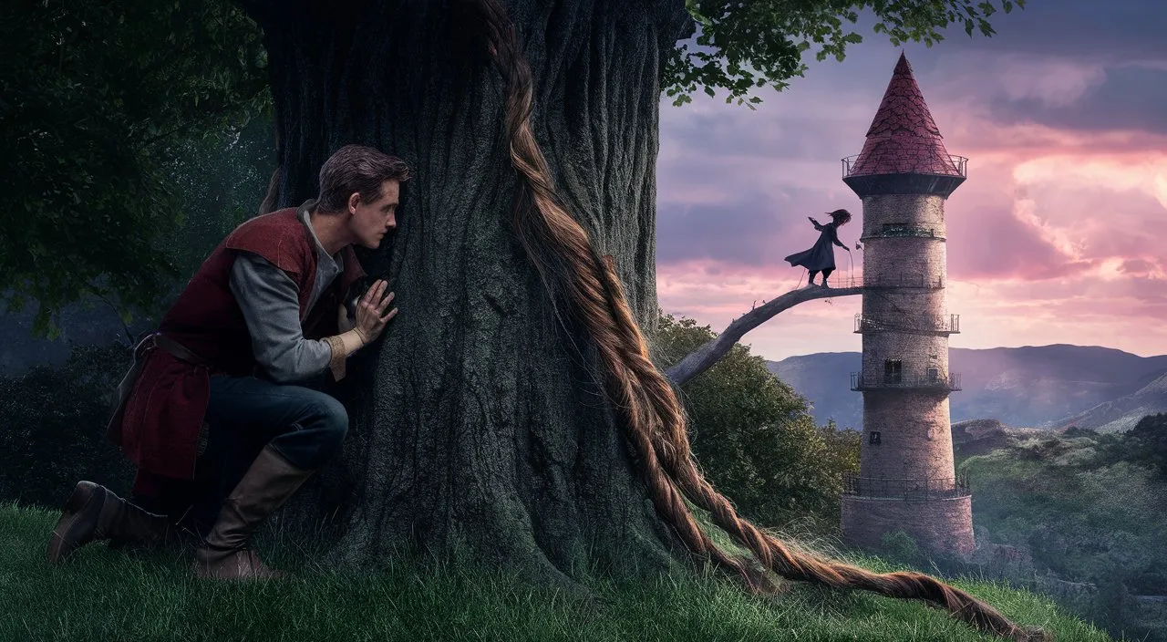 a man standing next to a tree near a tower