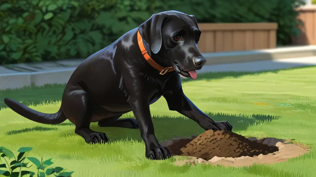 a black dog digging a hole in the grass