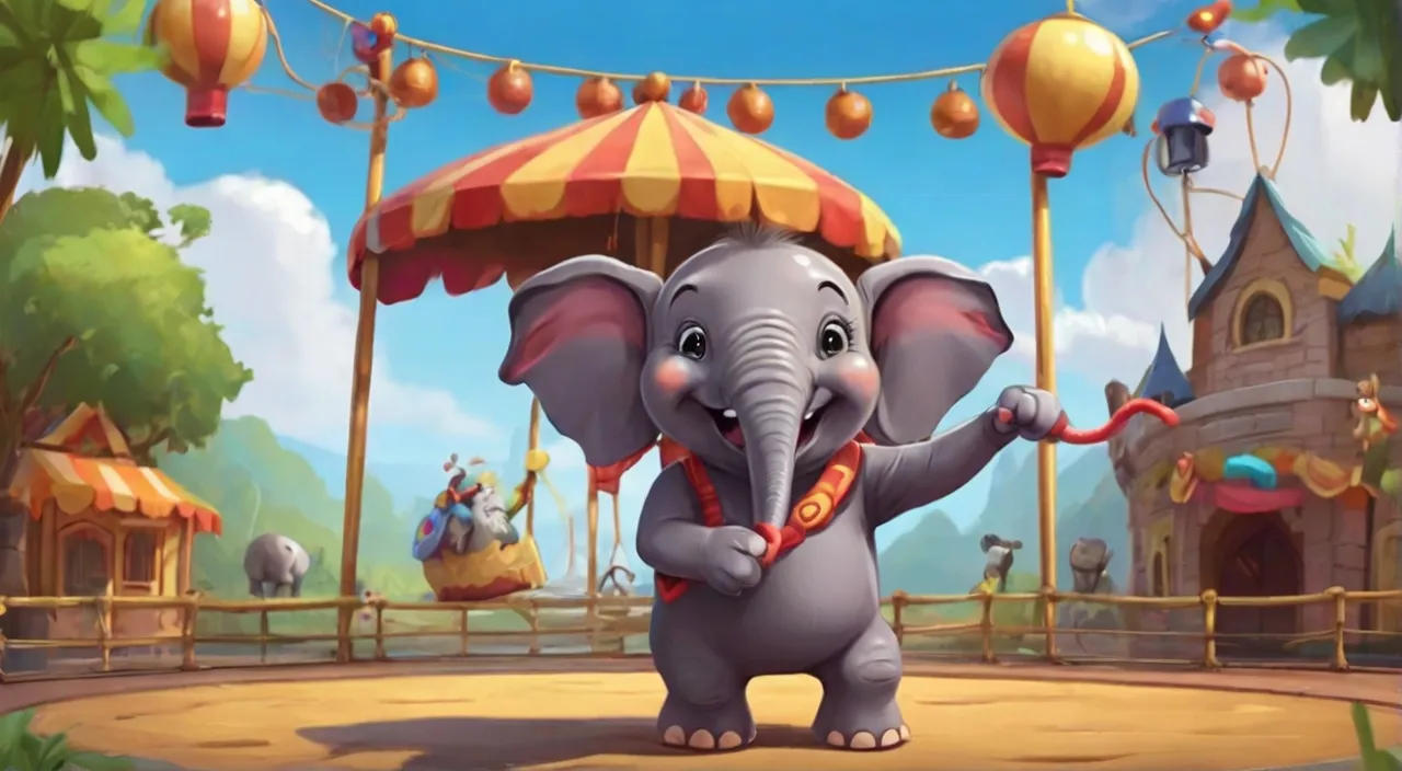 a cartoon elephant holding a string with a circus tent in the background. Cartoon 