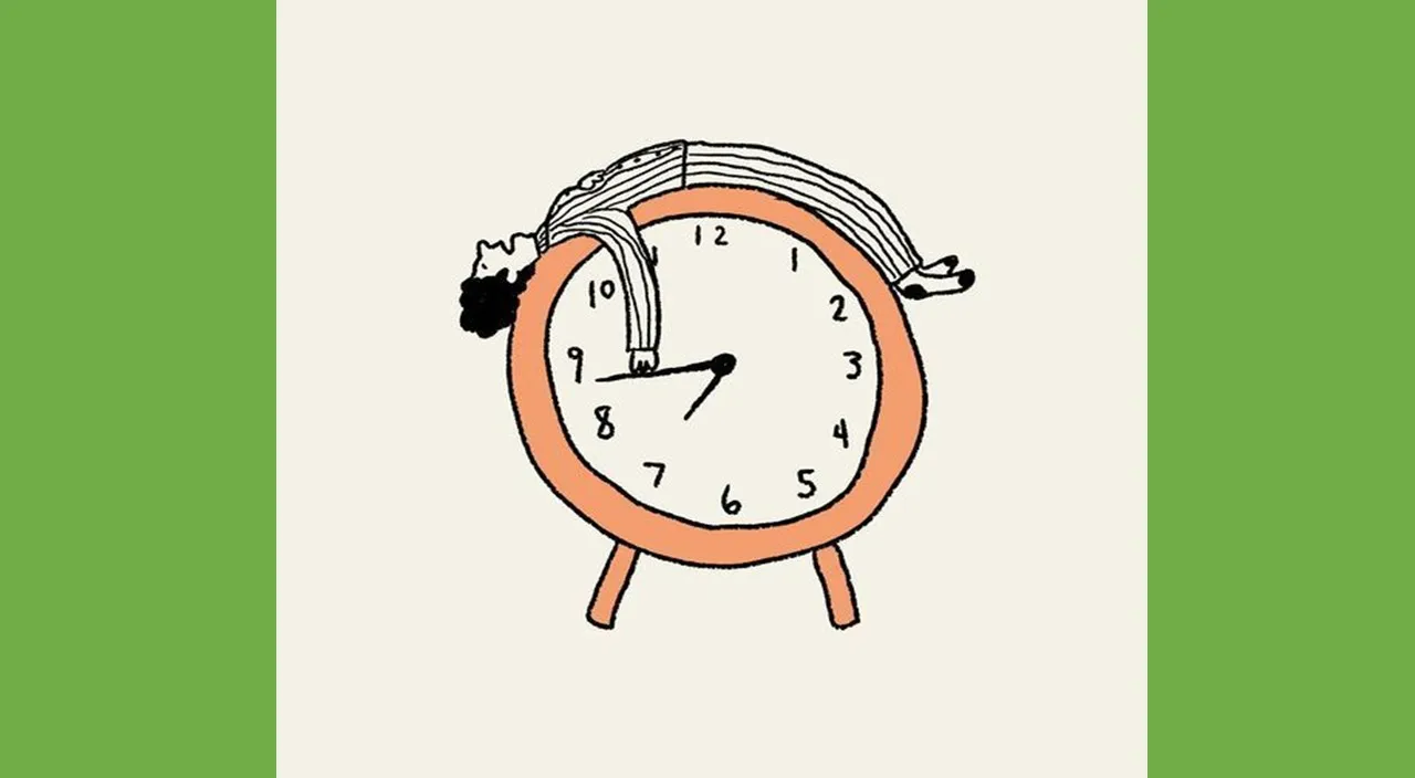 a drawing of an alarm clock on a green and white background