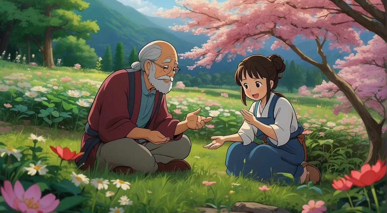 an old man and a young girl sitting in the grass