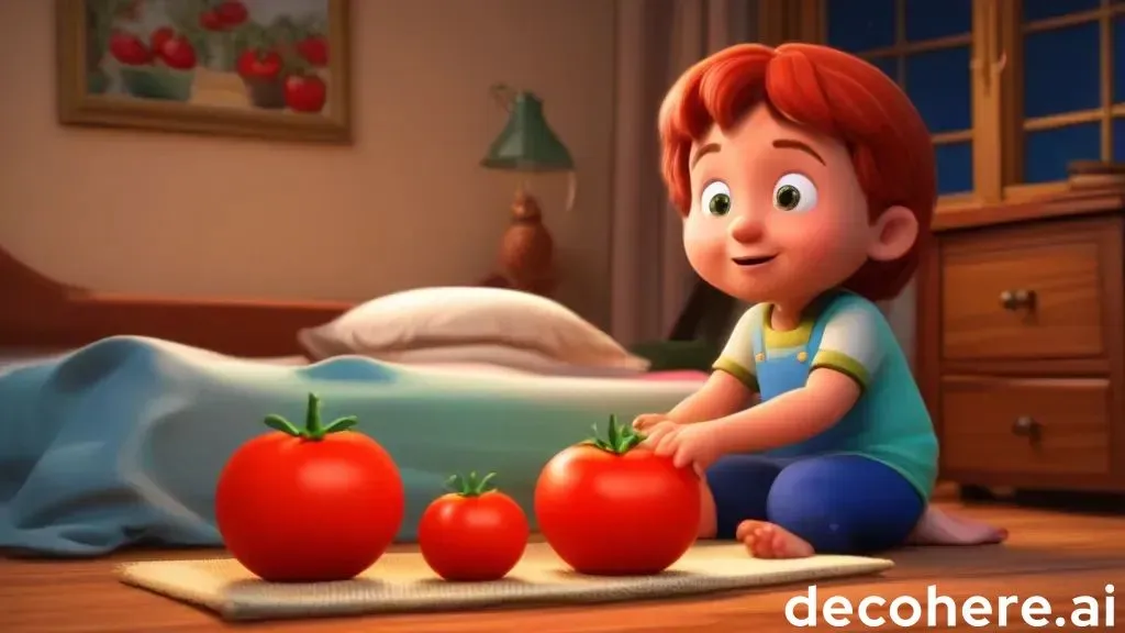 a little boy sitting on the floor next to some tomatoes