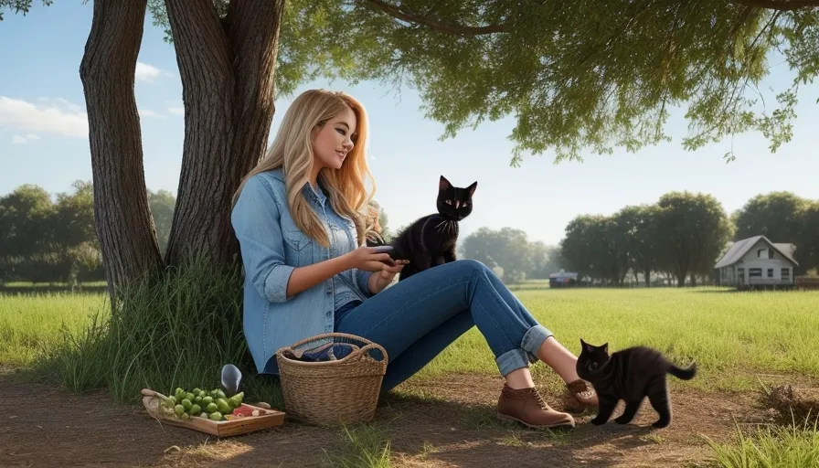 a woman sitting under a tree with a black cat