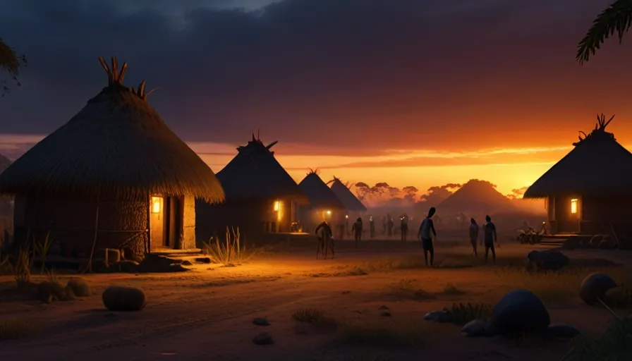 a group of people standing in front of huts