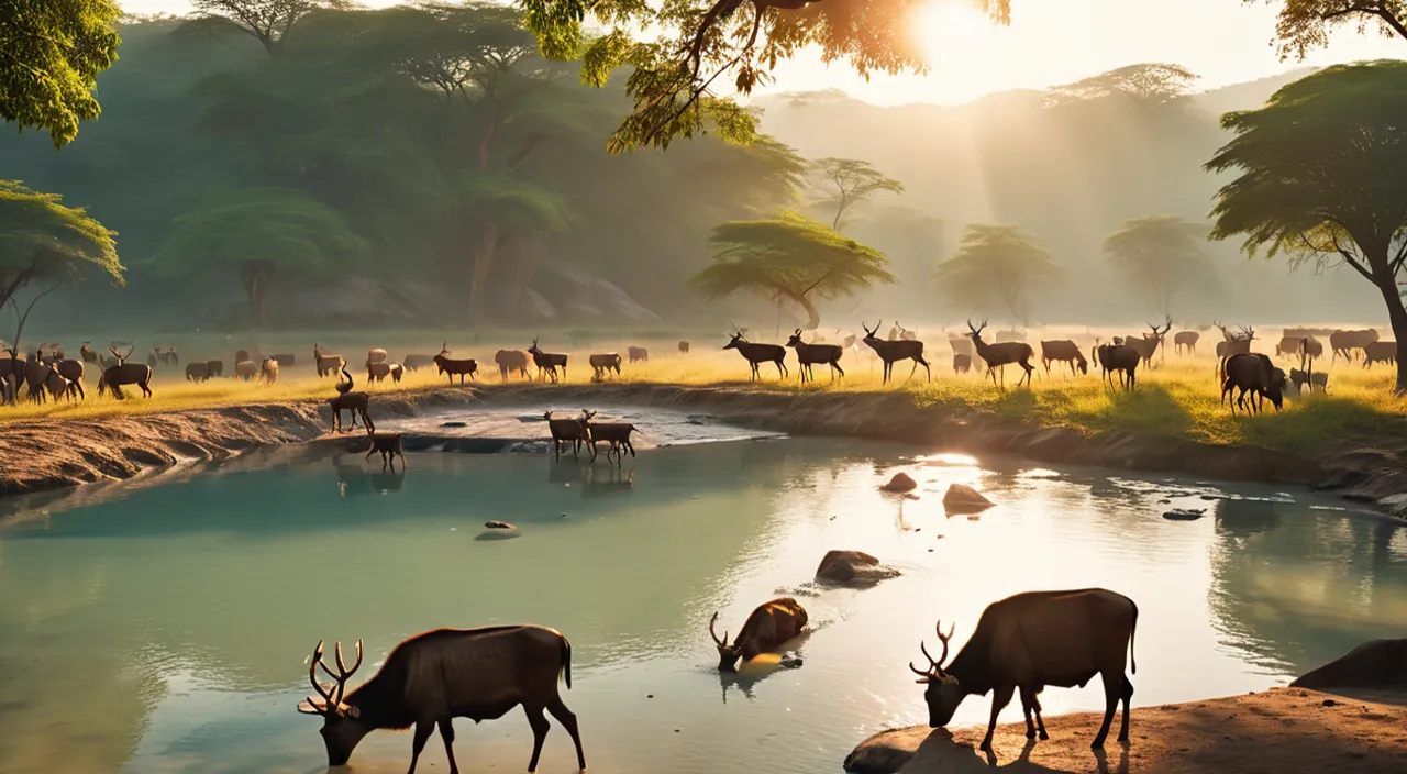 a herd of animals drinking water from a pond