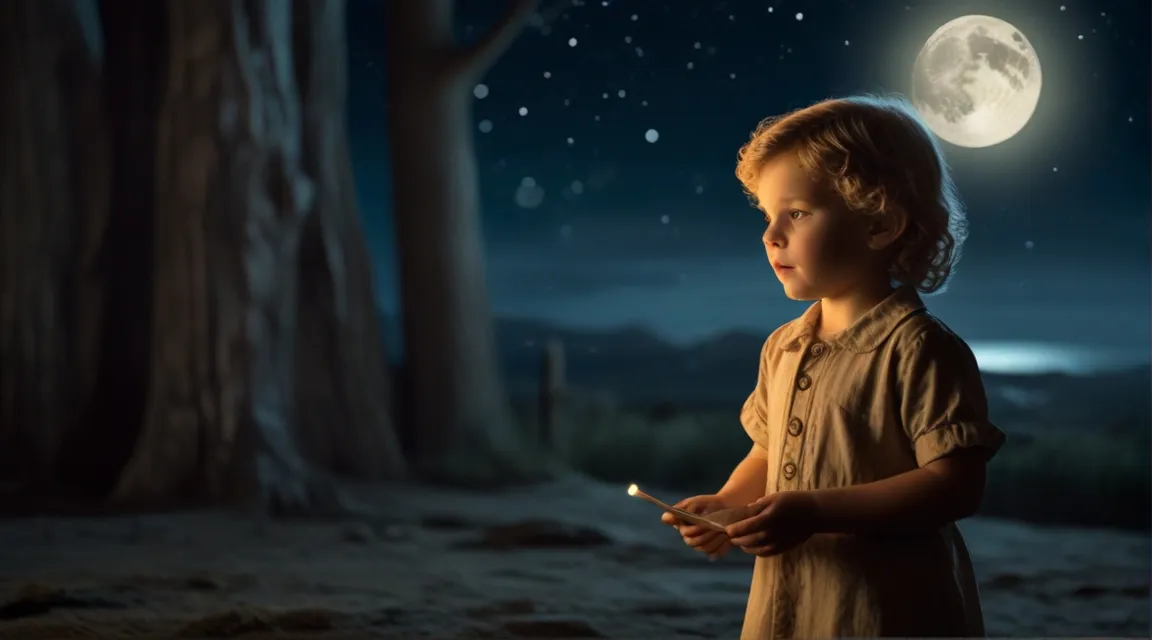 a little boy standing in front of a full moon