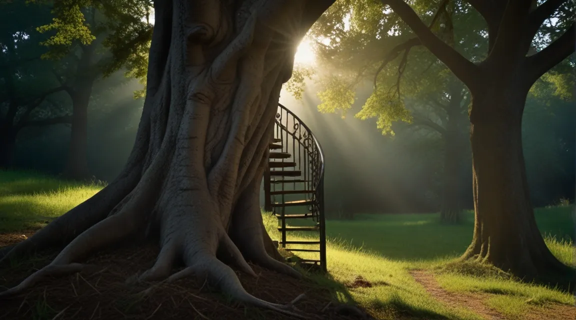 a tree with a spiral staircase in the middle of it