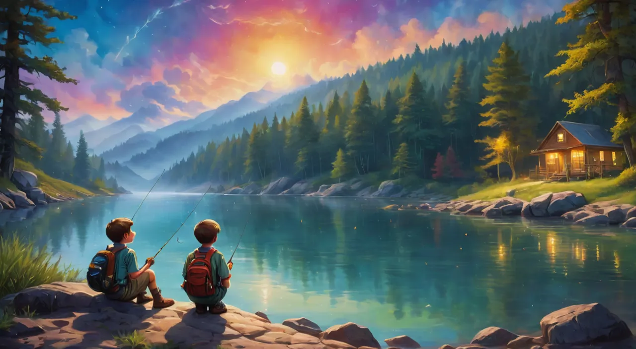 a painting of two children fishing on a lake