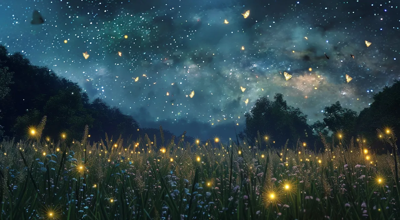 Flickering fireflies are flying all over the sky, the summer breeze is gentle, and the stars are shining brightly.