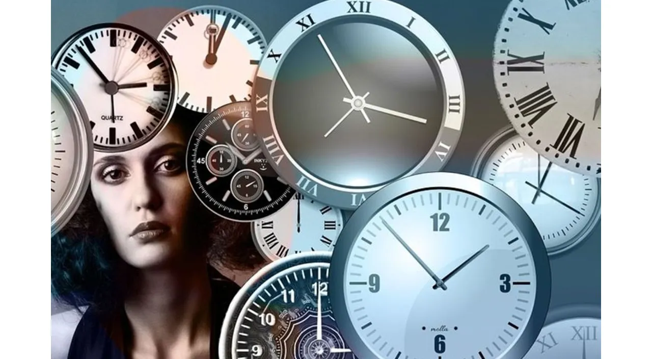 a collage of clocks with a woman's face surrounded by them