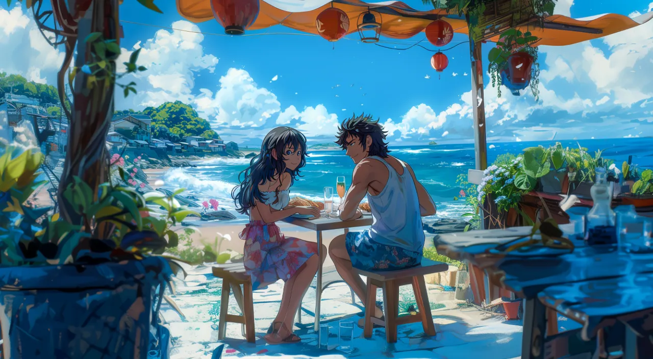 a man and a woman sitting at a table in front of the ocean