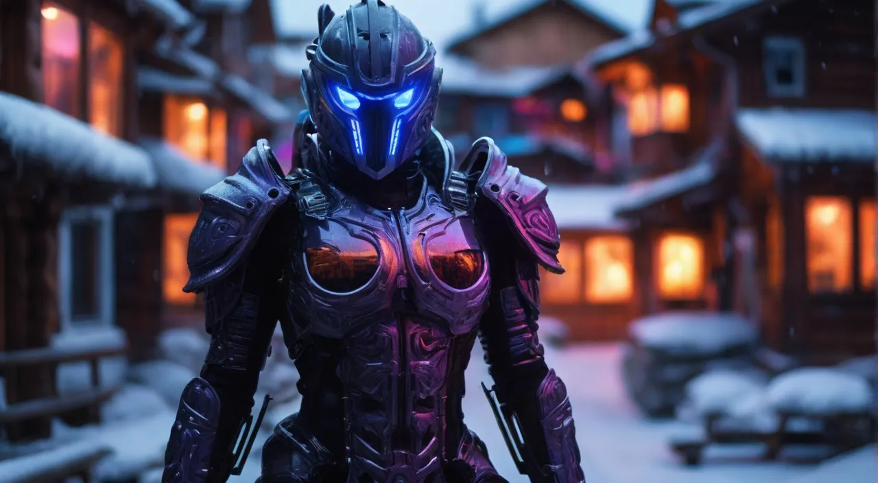 a man in a futuristic suit standing in front of a building,Sidoy has turned into a miracle of biomechanical armor, with multiple detallized transparent tubes with glowing neon liquid flowing through them. In the background you can see Siberian snow-covered wooden houses. Hyperdetailed, HDR, UHD, Surrealism, Vivid, Ultra smooth, Rich and vivid colors, Unique features, Expressive emotions, Dynamic pose, Textured surfaces, High contrast, shallow depth of field, Vivid colors, by Sidoy