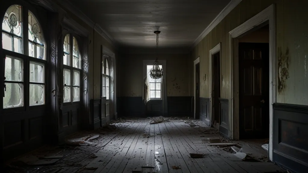 a dark hallway with broken windows and a chandelier