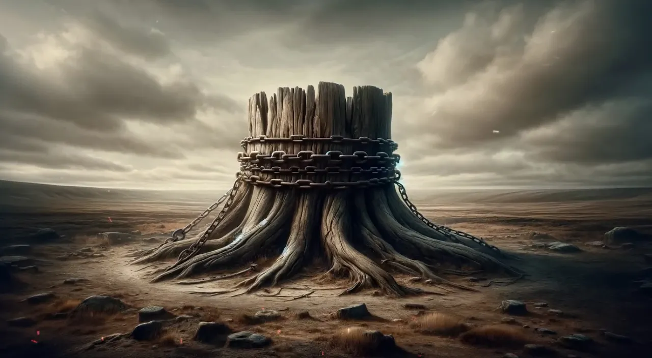 a tree stump in the middle of a desert